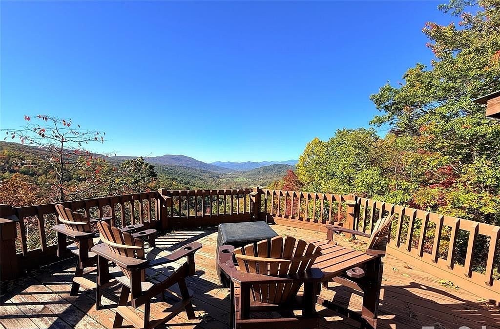 Adirondack chairs on the open deck looking out over the valley and ridgelines